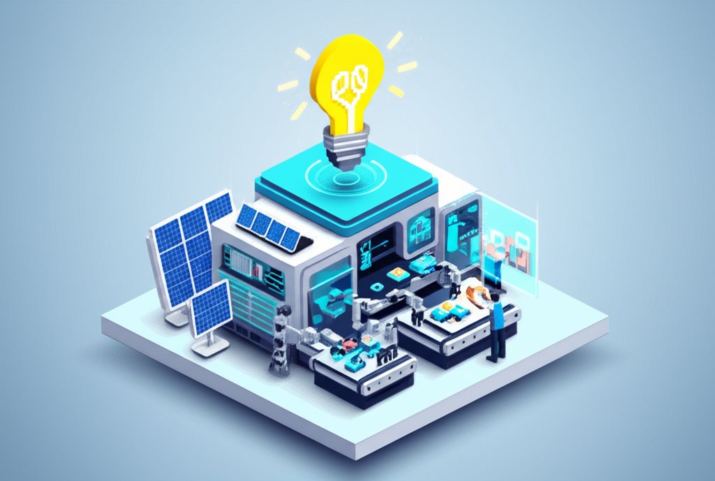 A futuristic factory with robots assembling solar panels under a bright, sustainable sky.