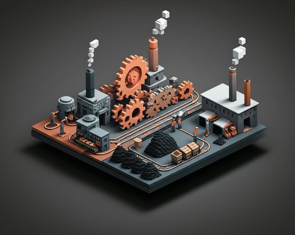 Gears, factories, and technological advancements represent the historical Industrial Revolutions.