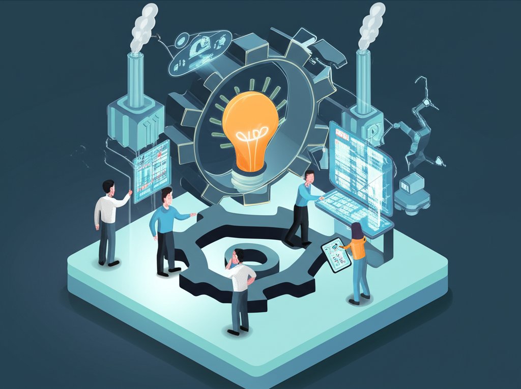 A diverse group of industrial visionaries collaborate, innovating for a sustainable future.