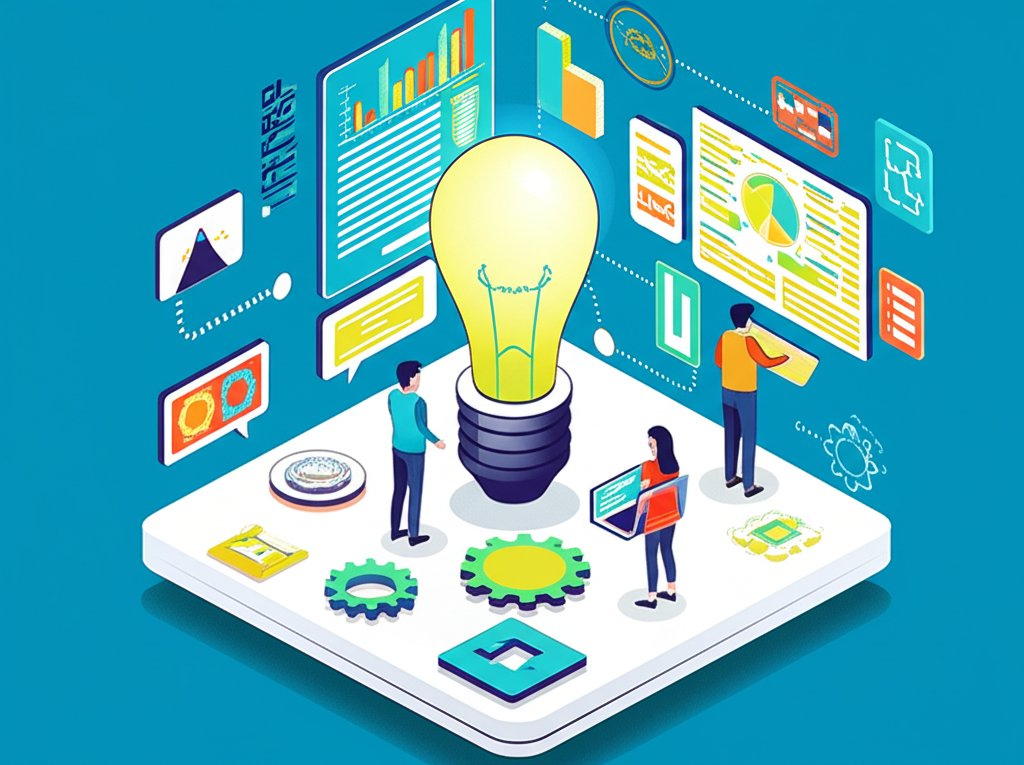 A glowing lightbulb above a diverse group of people brainstorming, symbolizing innovation.