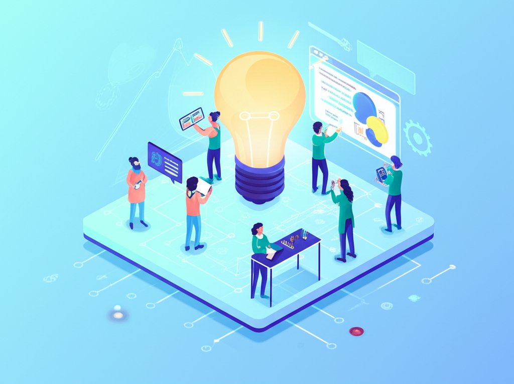 Diverse innovators brainstorm ideas together, surrounded by technology and collaborative energy.