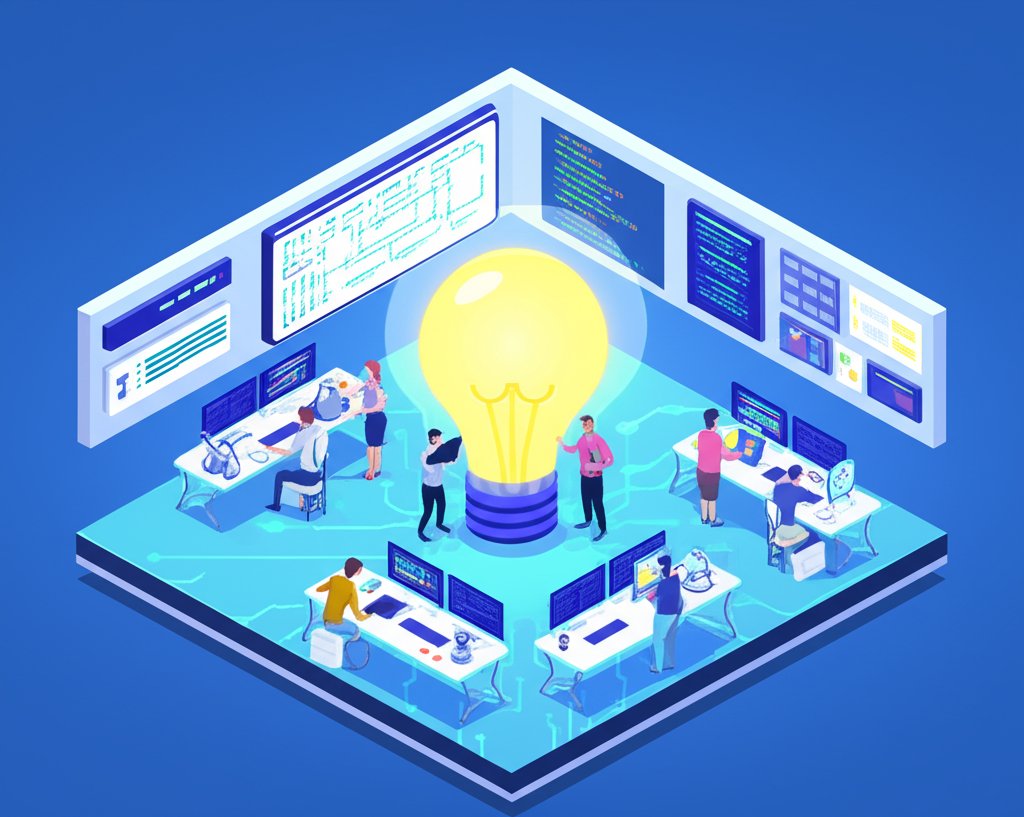 Diverse innovators brainstorm ideas together, surrounded by technology, in a modern workspace.