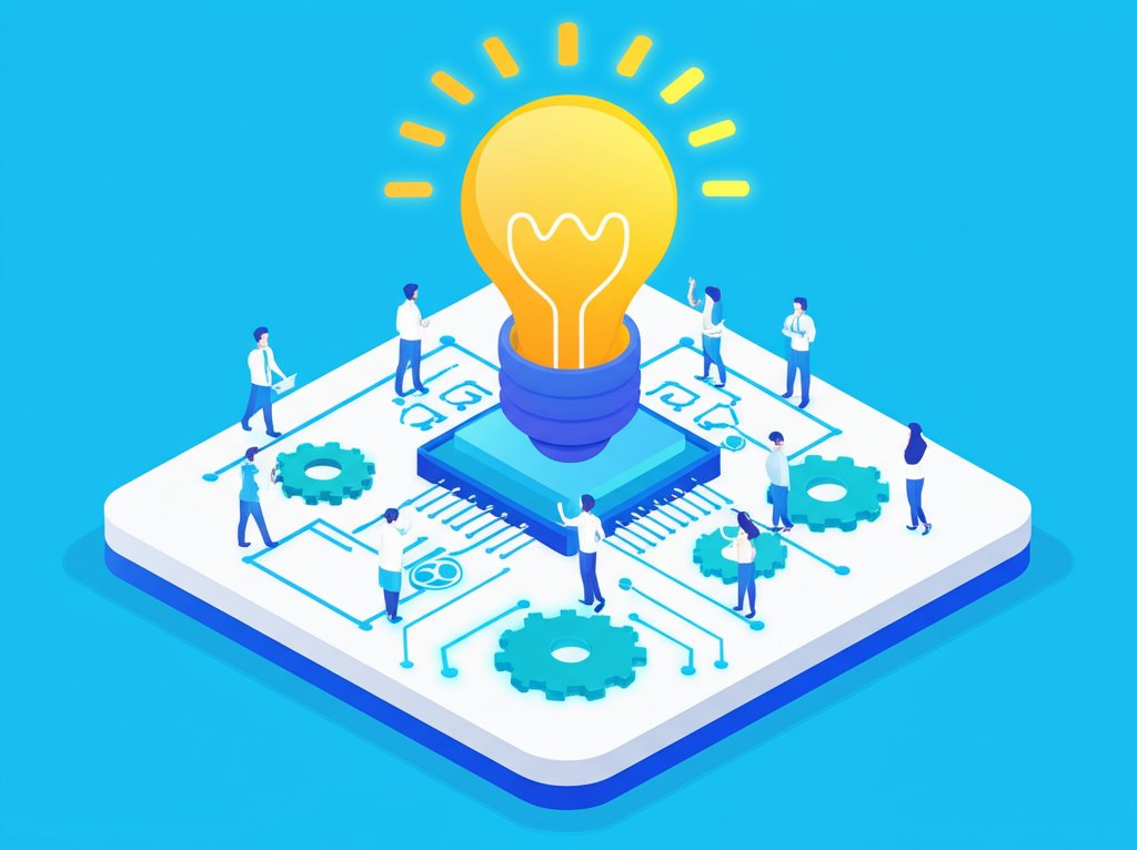 A lightbulb glowing brightly, surrounded by gears and circuits, symbolizes innovation.