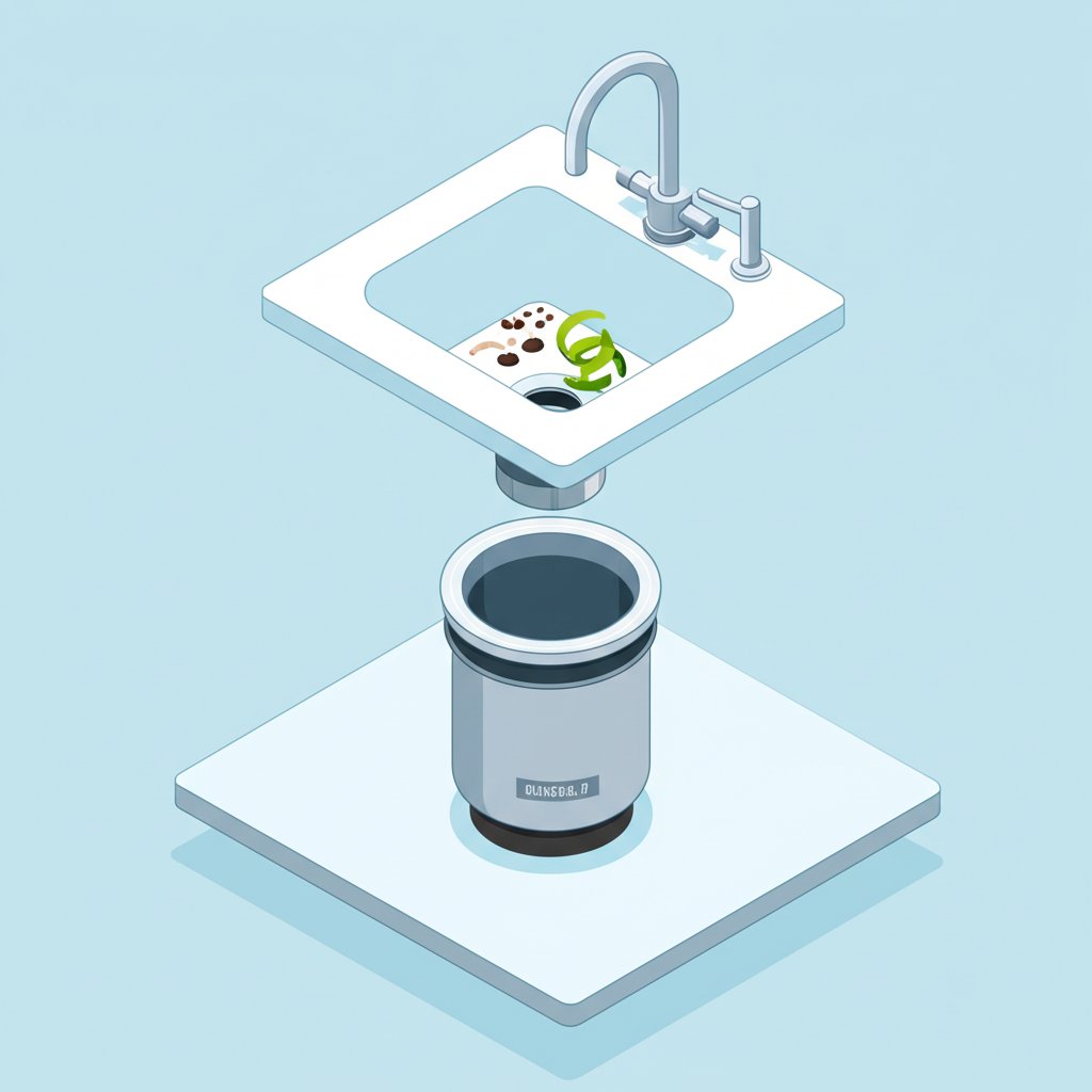 InSinkErator Badger 5 garbage disposal unit, silver and black, positioned under a kitchen sink.
