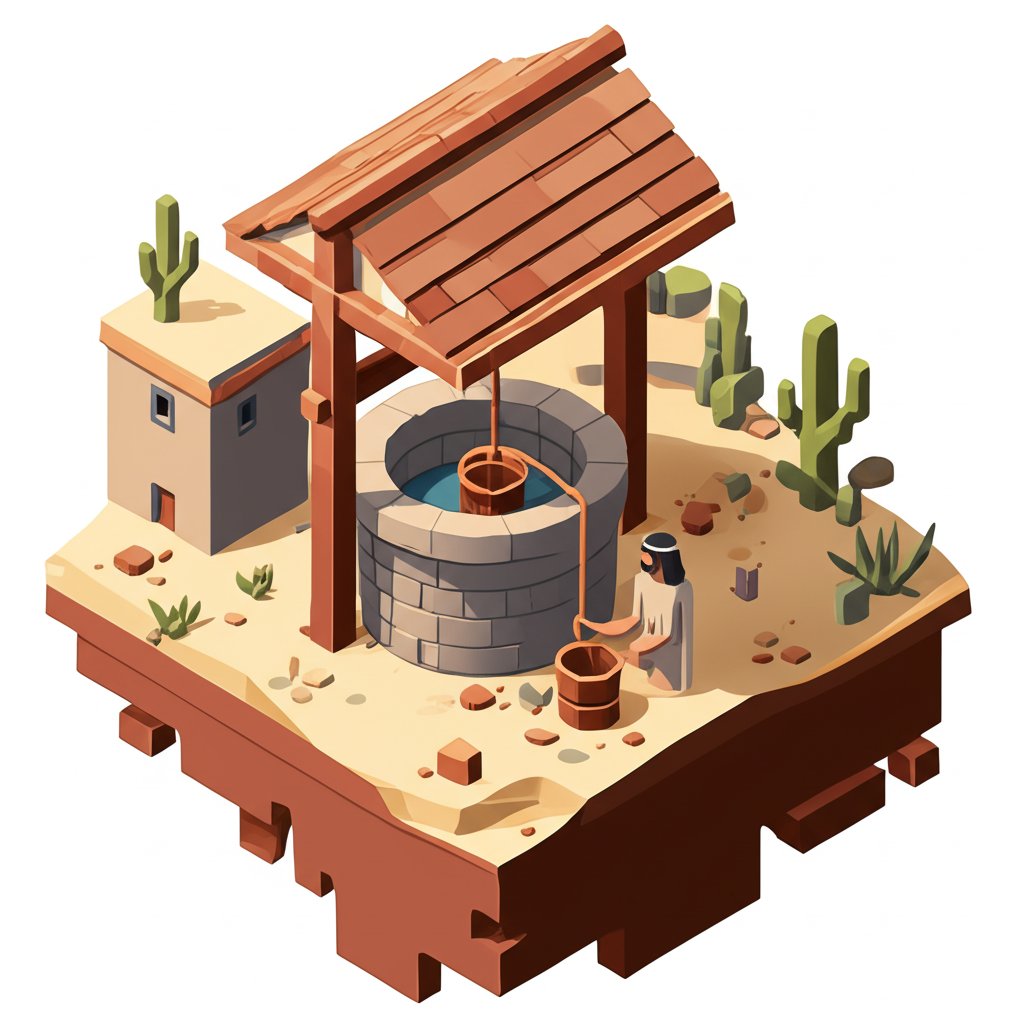 Ancient well in Sychar, believed to be Jacob's Well, with stone structure and bucket visible.