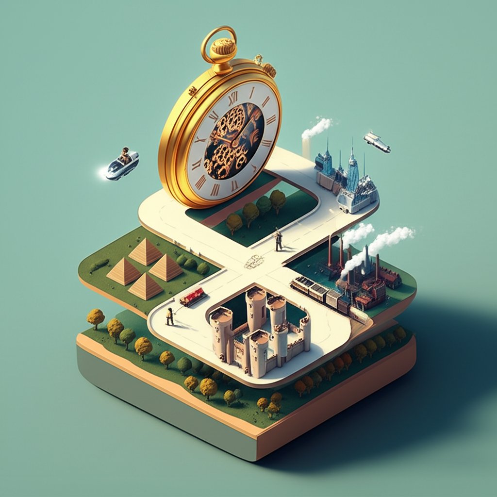A swirling vortex of clocks and historical landmarks represents a journey through time.