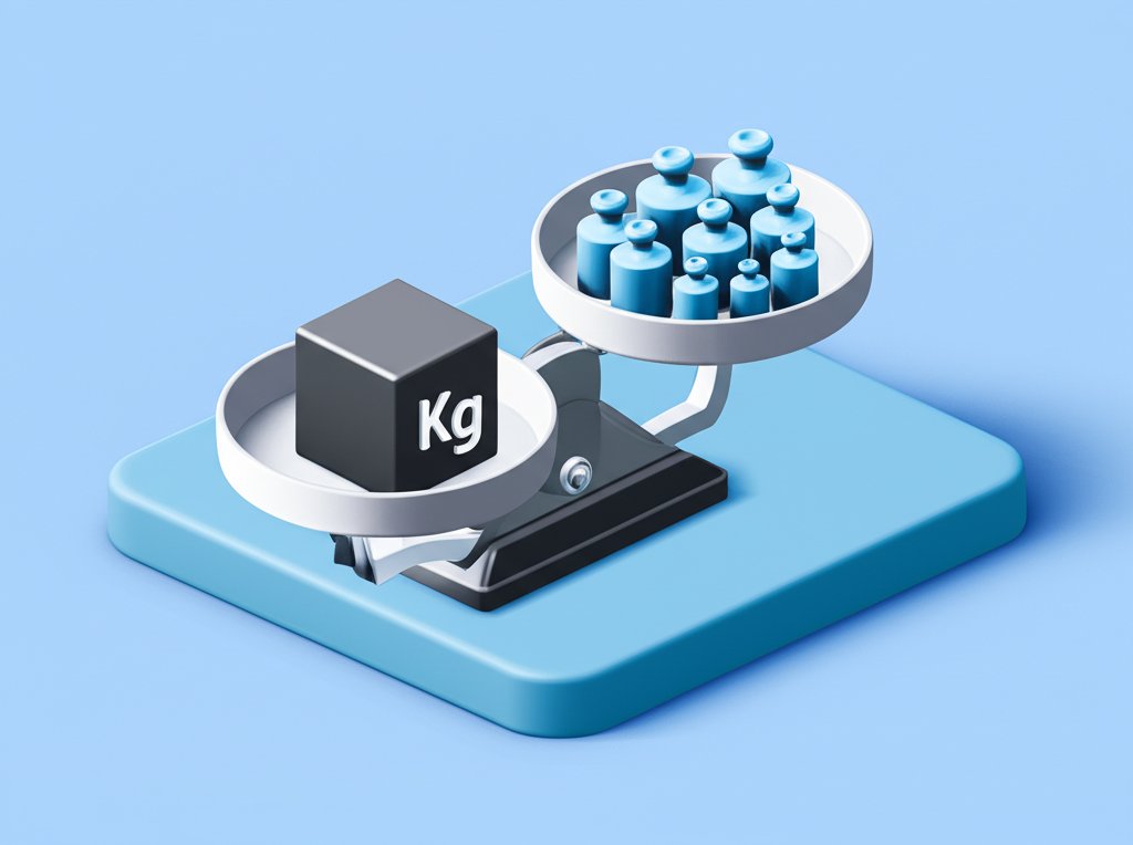 Scales display a kilogram to pounds conversion, showing the equivalent weights.