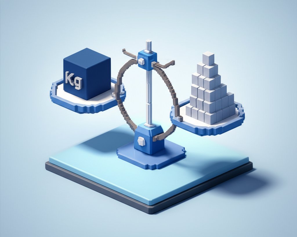 Scale reading 1 kg and 2.2 lbs, illustrating the kilogram to pound conversion.