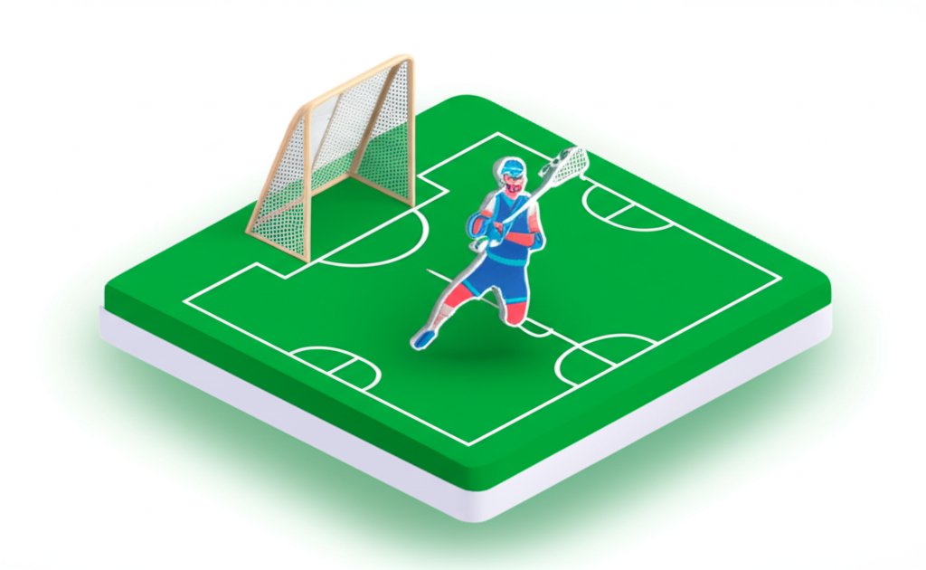 Lacrosse player in action, stick raised, running on a green field.