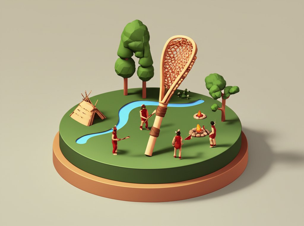 Antique lacrosse sticks and a vintage photograph represent the historical roots of the sport.