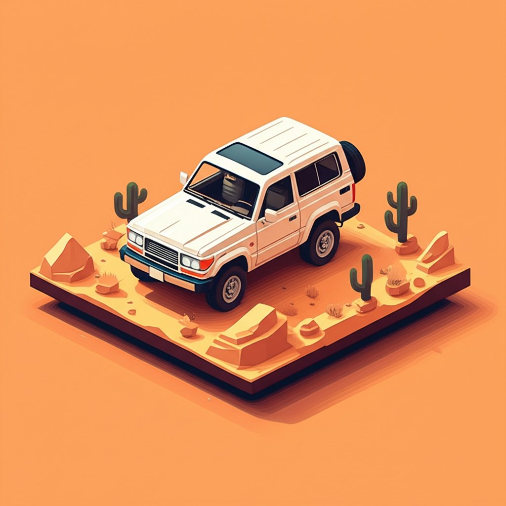 Tan Land Cruiser driving on a rocky desert terrain, showcasing its off-road capabilities.