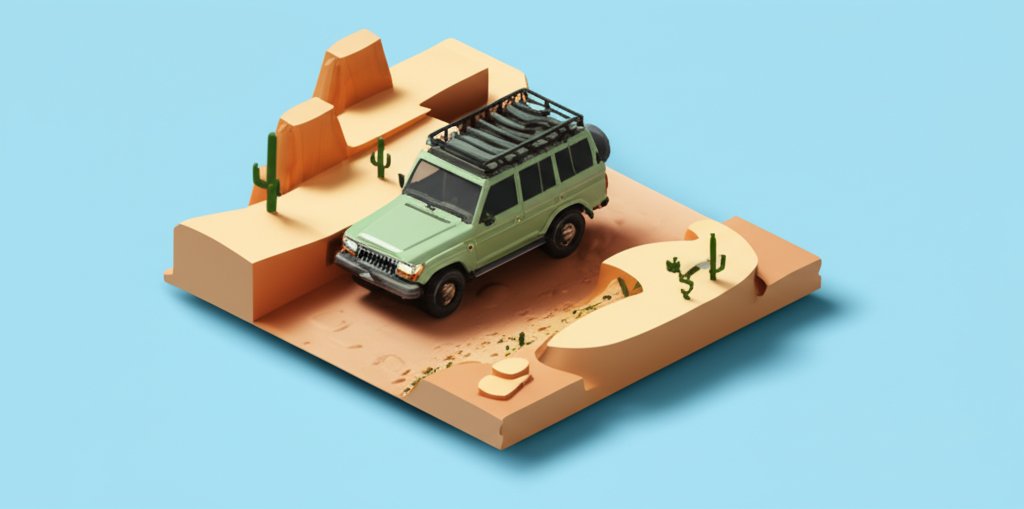 Silver Land Cruiser driving on a rocky, off-road trail with mountains in the background.