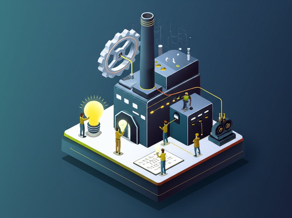 Silhouetted factory landscape with gears, representing key figures in industrial innovation.