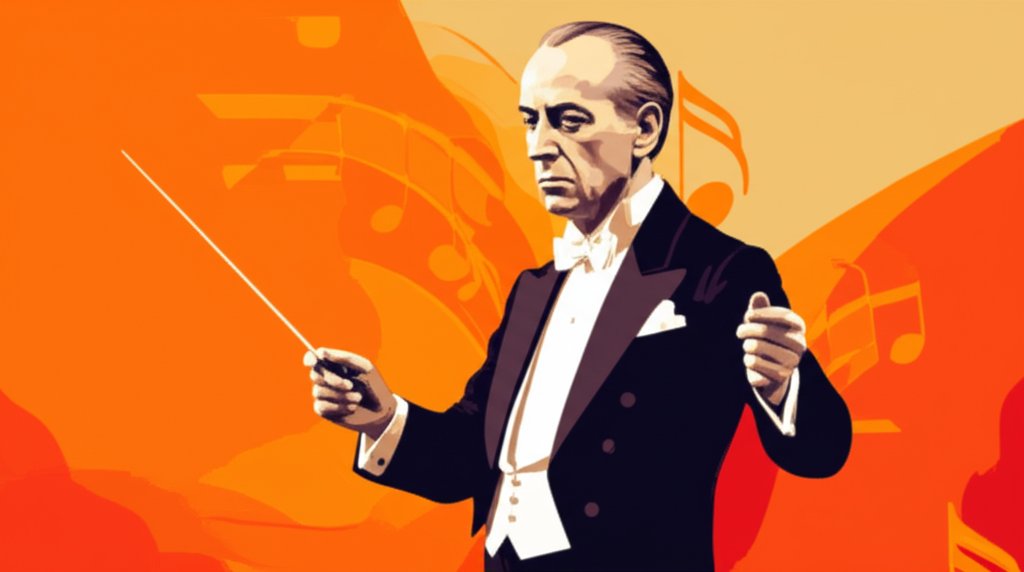 Leopold Stokowski conducting an orchestra with dramatic flair, a dynamic musical portrait.