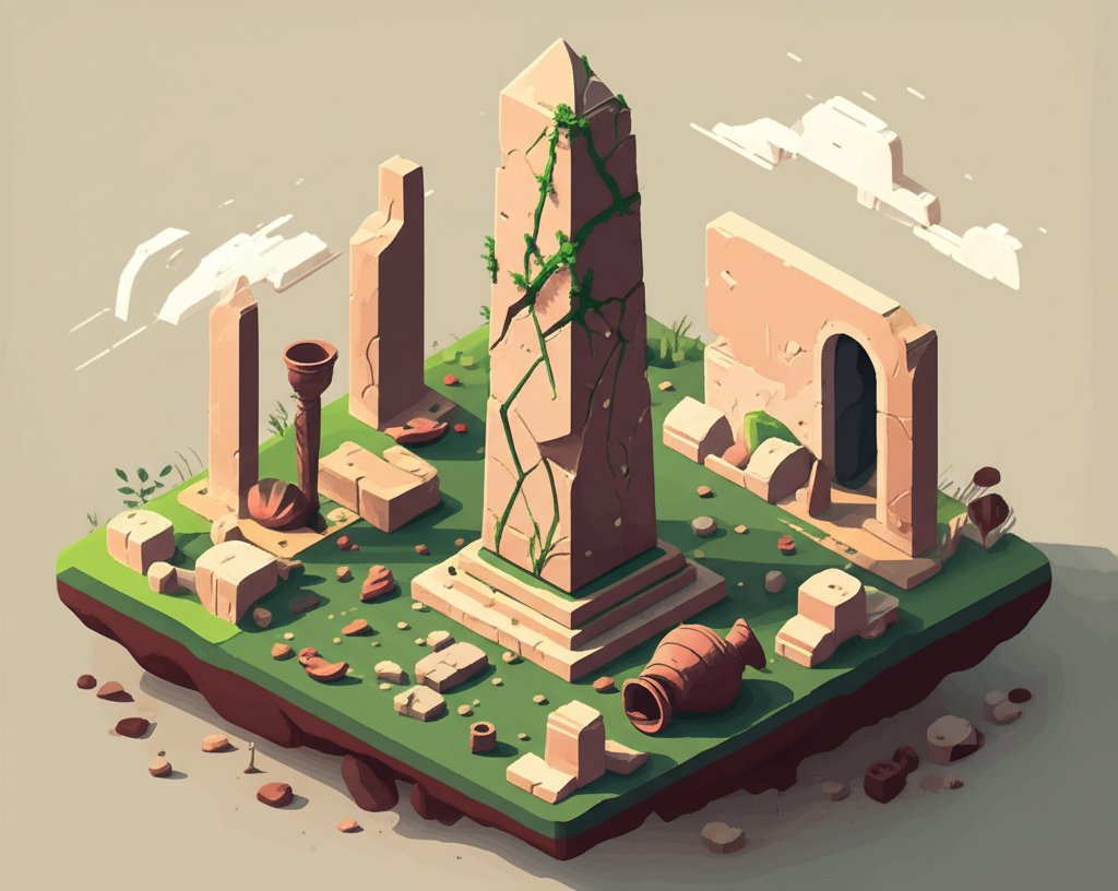 Ruined, overgrown stone structures hint at the grandeur of a forgotten ancient civilization.
