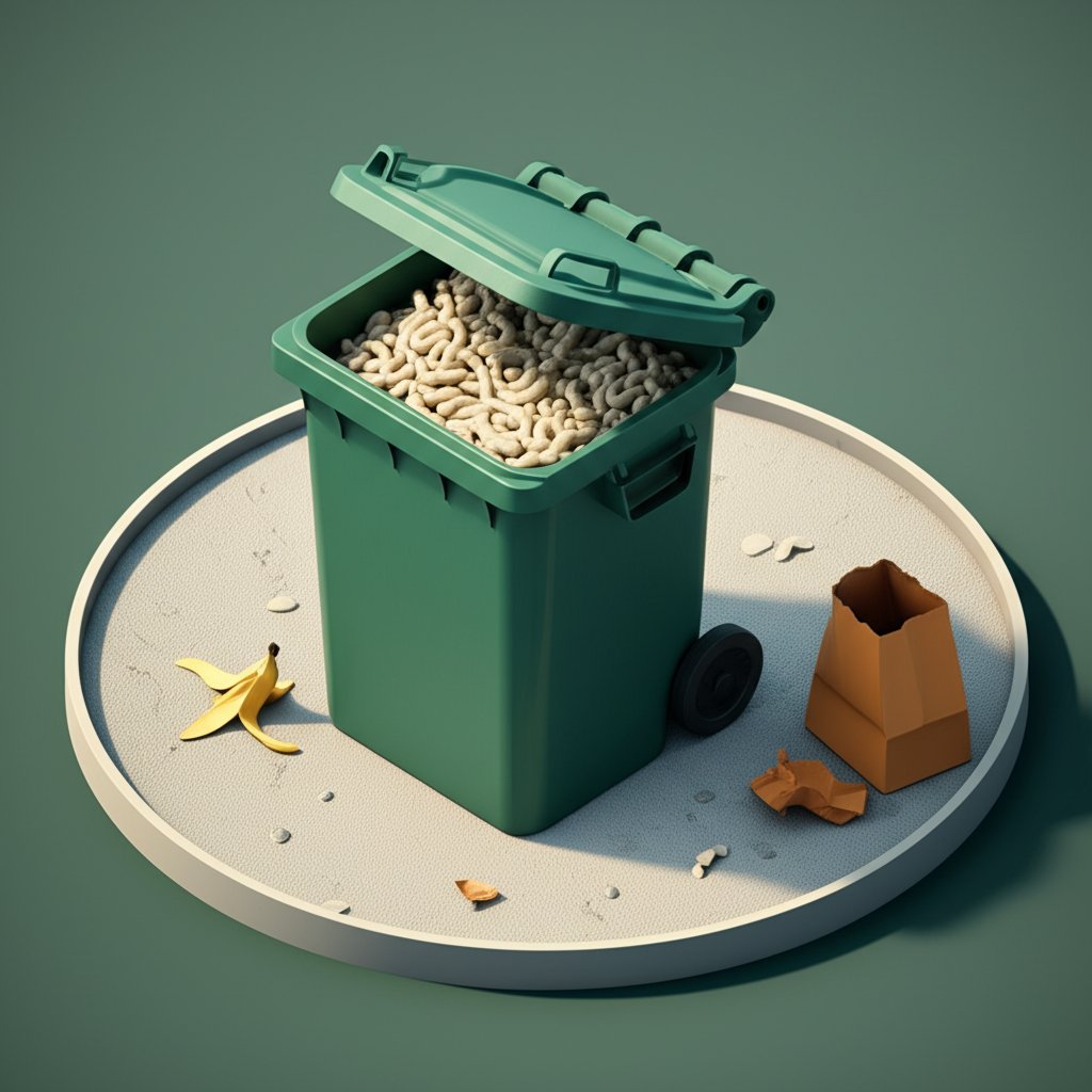 Maggots writhing in an overflowing, dirty trash can.