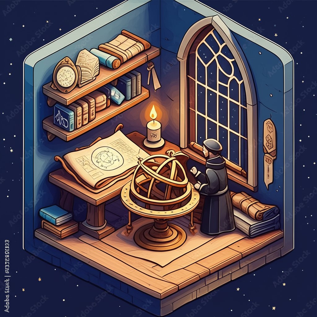 A woodcut print depicting medieval astronomers observing the night sky with astrolabes and charts.