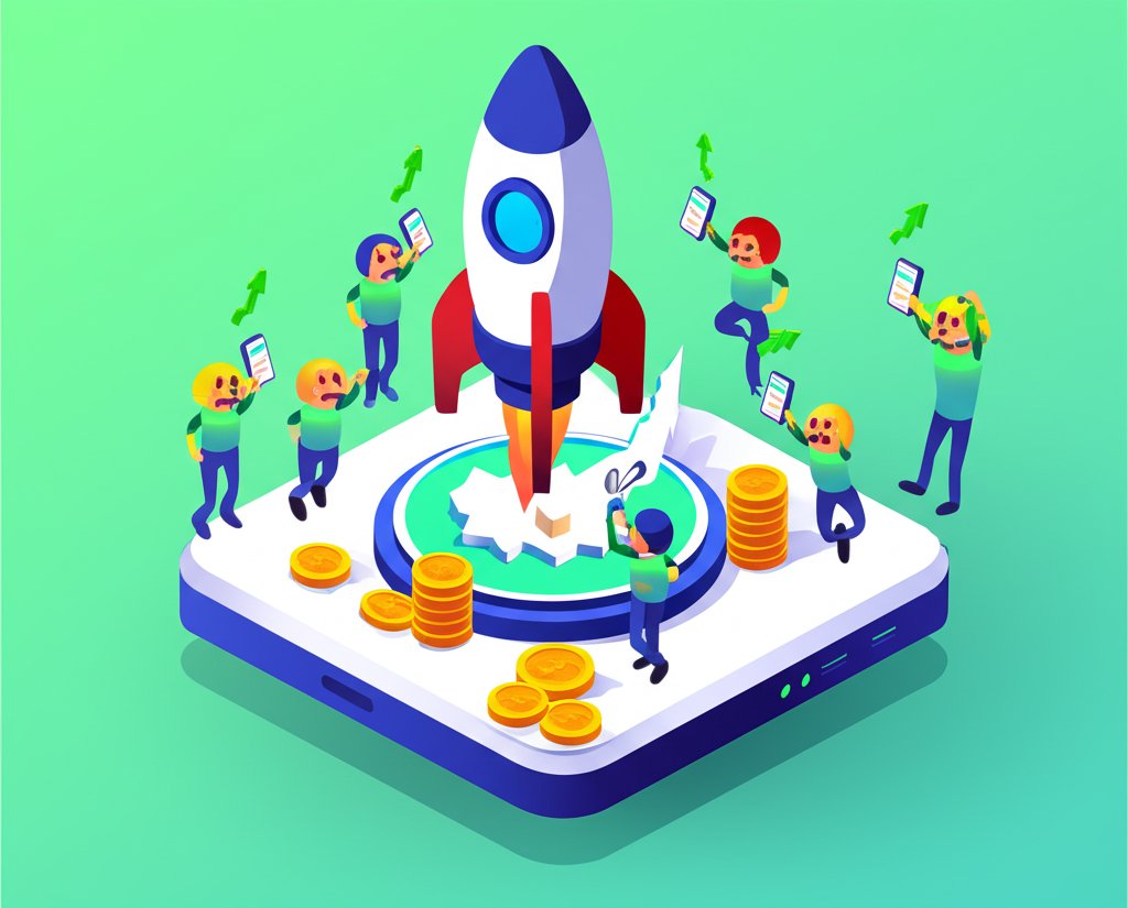 Cartoonish rocket flies to the moon, symbolizing meme stock surges, with retail investors celebrating.