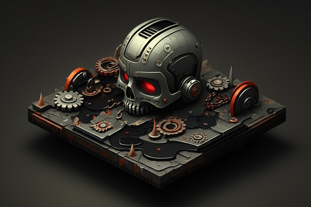 Sinister, corroded metal sculpture with menacing, abstract features evoking horror.