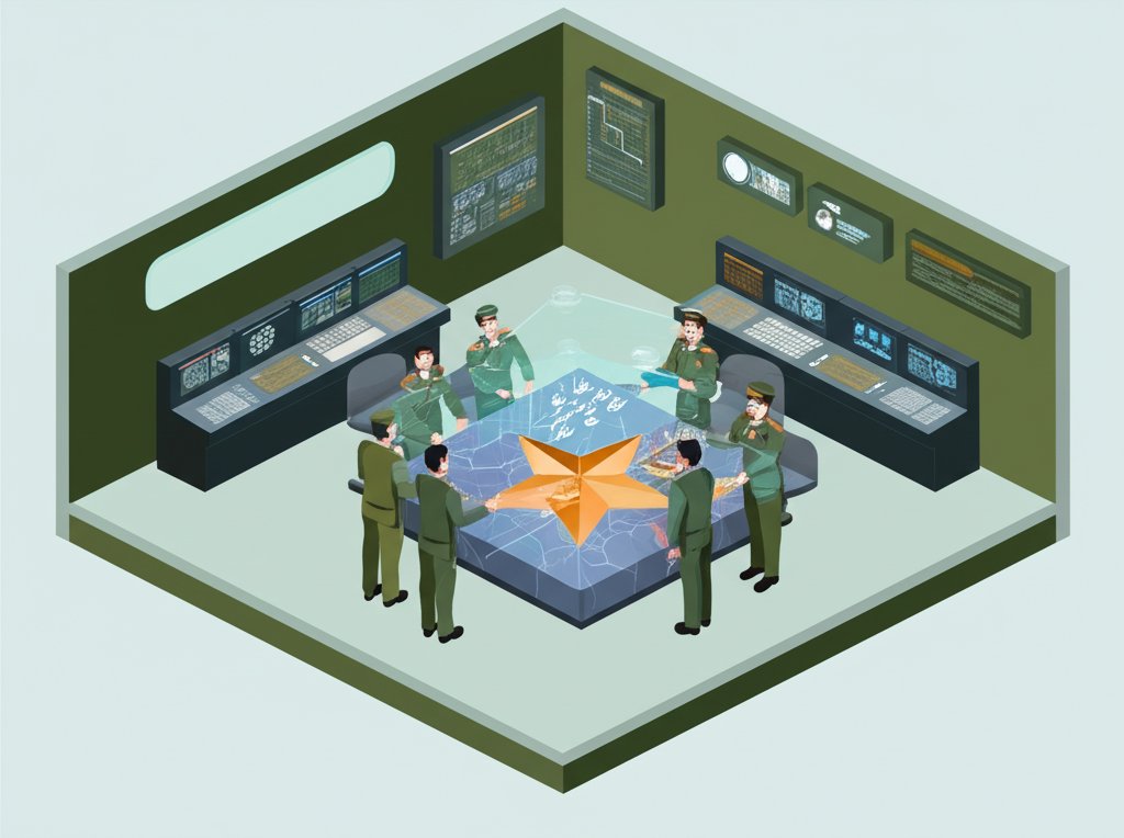 A group of military commanders in uniform, likely discussing strategy or operations.