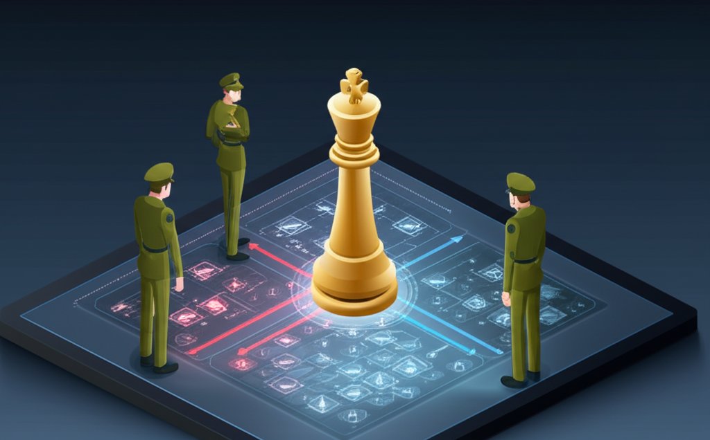 A diverse group of historical military geniuses strategizing around a war map.