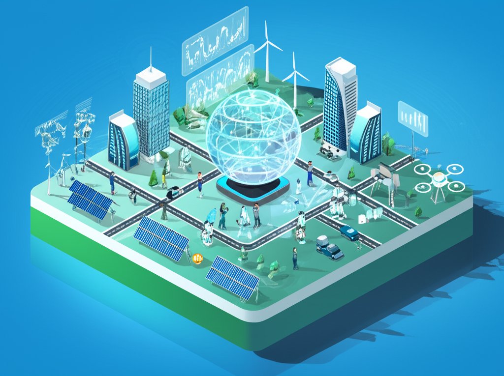 Skyscrapers rise above a bustling city, symbolizing modern innovation and urban life.