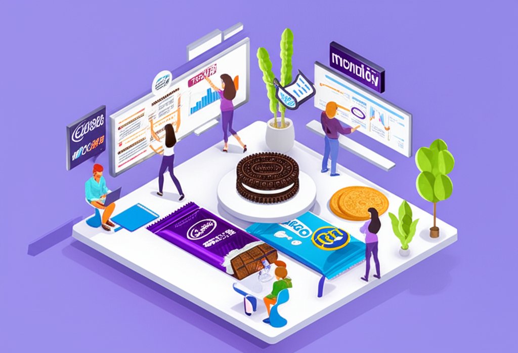People collaborating happily in a bright, modern office, representing career opportunities at Mondelēz International.