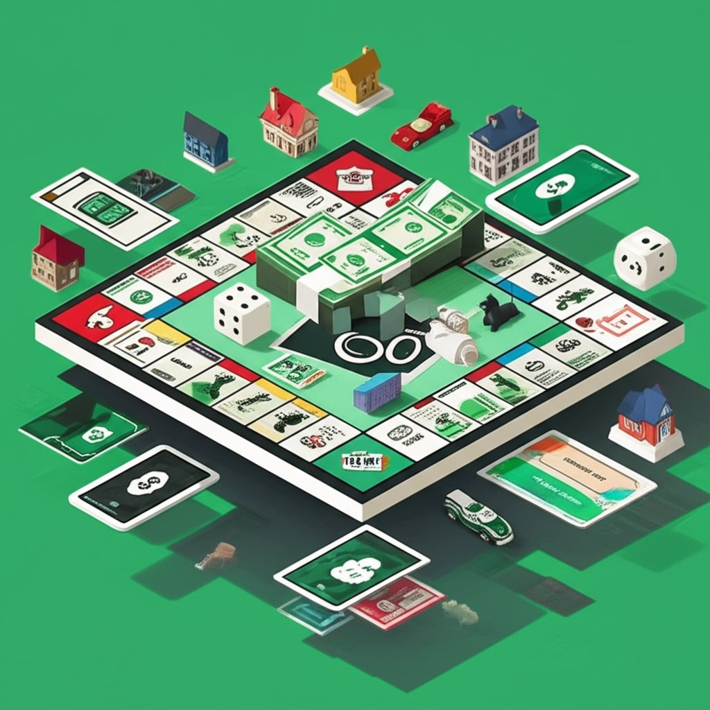 Monopoly game board with colorful properties, dice, and game pieces scattered around it.