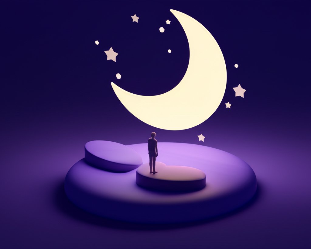 A person silhouetted against a night sky, gazing at a bright crescent moon and stars.