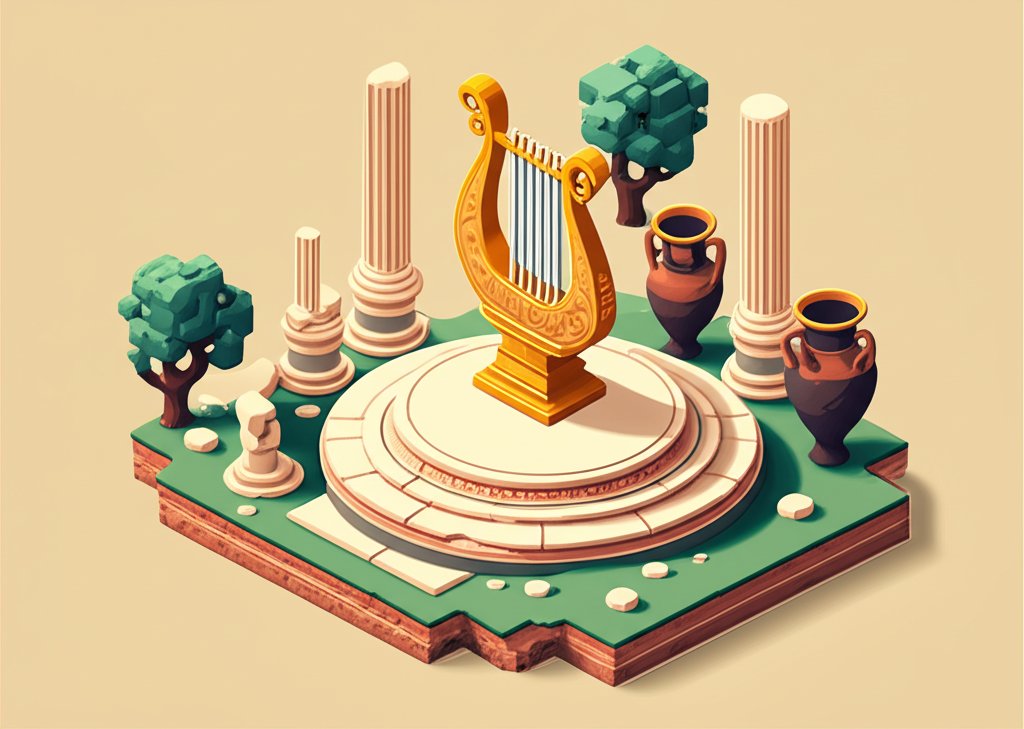 Ancient musicians play lyres and pipes, evoking a sense of historic melodies and cultural expression.