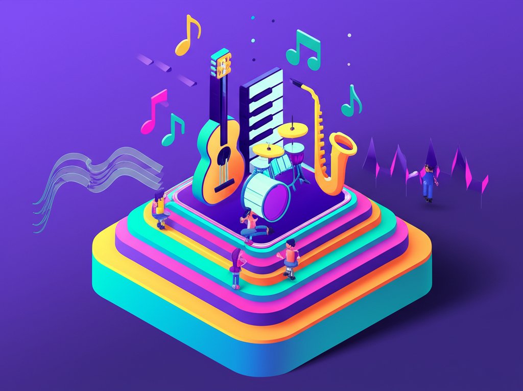 A vibrant collection of musical instruments including a guitar, keyboard, and drums.