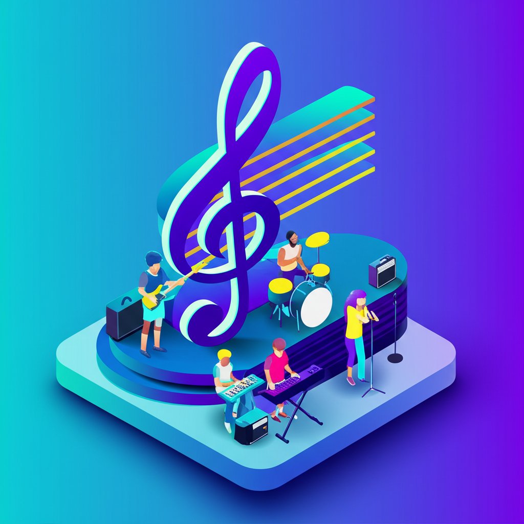 Band performing live on stage, illuminated by colorful lights, playing instruments.