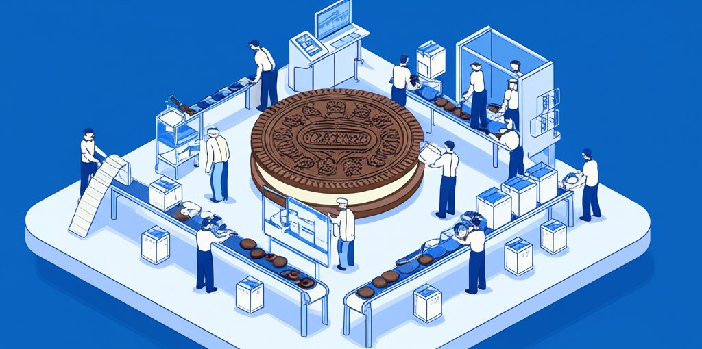 Nabisco factory line with workers, snacks, and boxes showcases potential job opportunities.