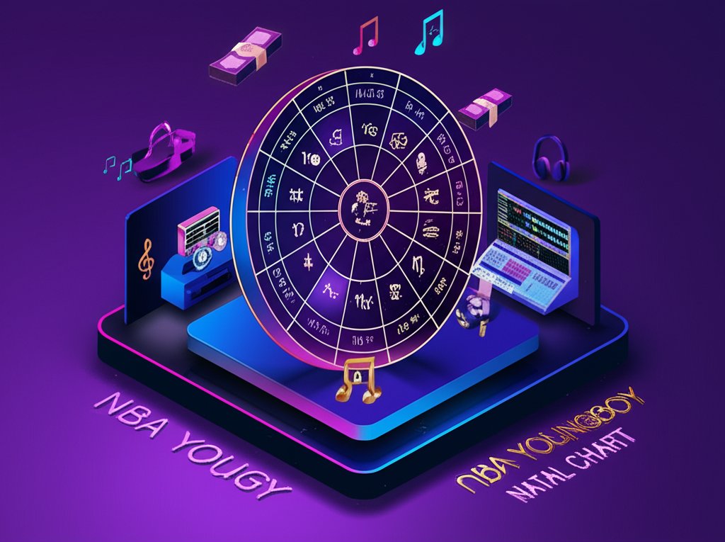 Cartoon rendering of NBA Youngboy's natal chart with planets and astrological signs highlighted.