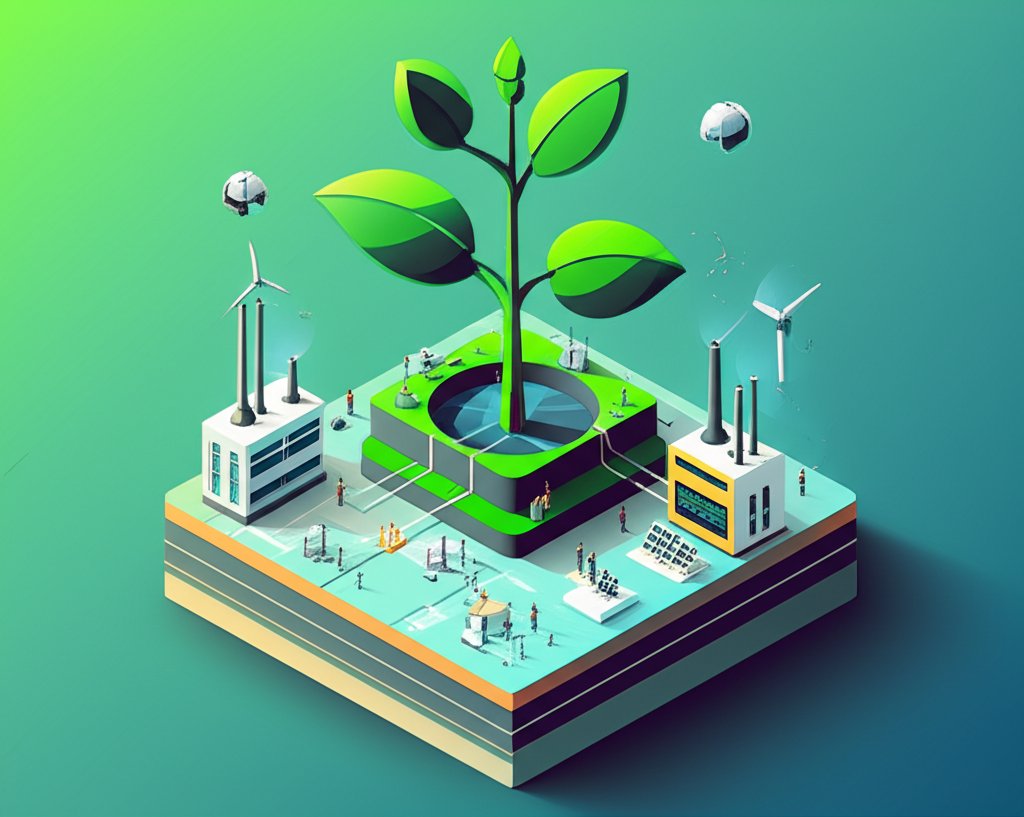 Futuristic cityscape with wind turbines, solar panels, and vertical farms representing new industries.