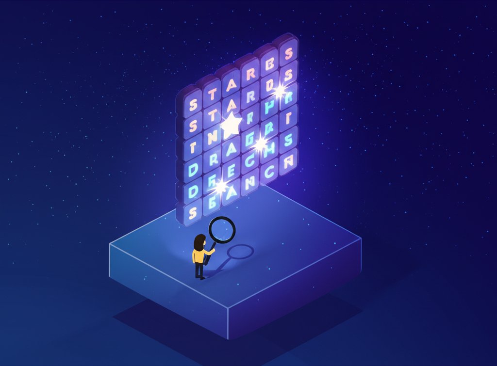 Word search puzzle with night sky theme in a dark blue color palette.