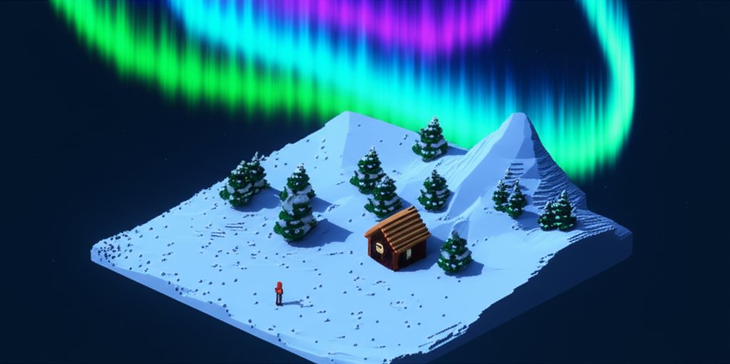 Auroral display in a night sky, vibrant green lights dancing above a dark landscape.