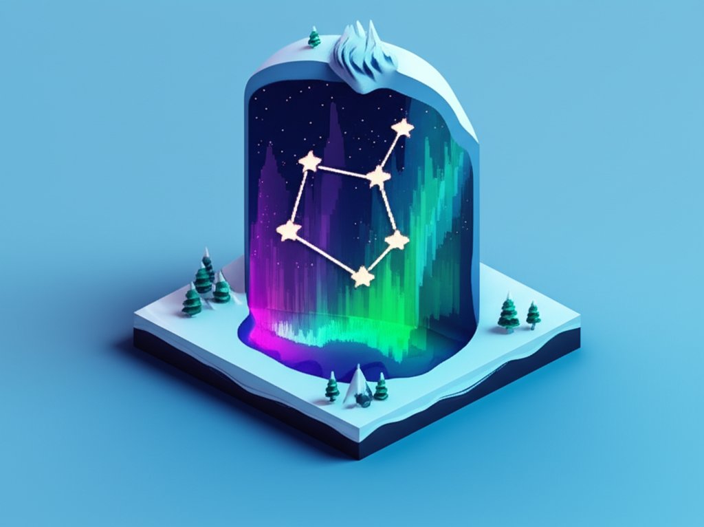 Vibrant green and purple aurora borealis dances across a starry night sky over a snow-covered landscape.