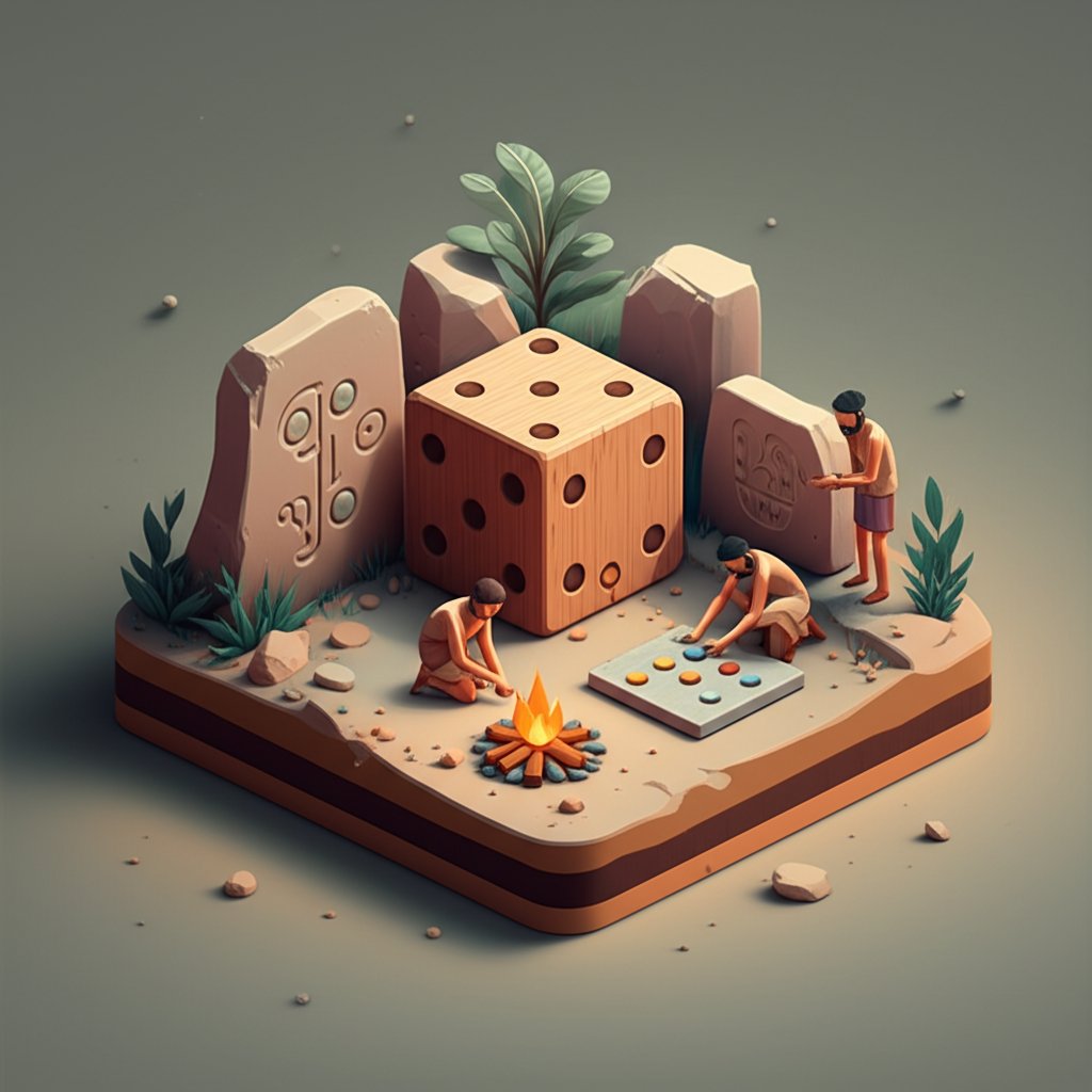 Board game pieces and dice scattered on an ancient-looking map, hinting at the history of games.
