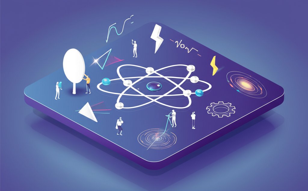 Timeline with portraits of famous physicists and key discoveries throughout history.