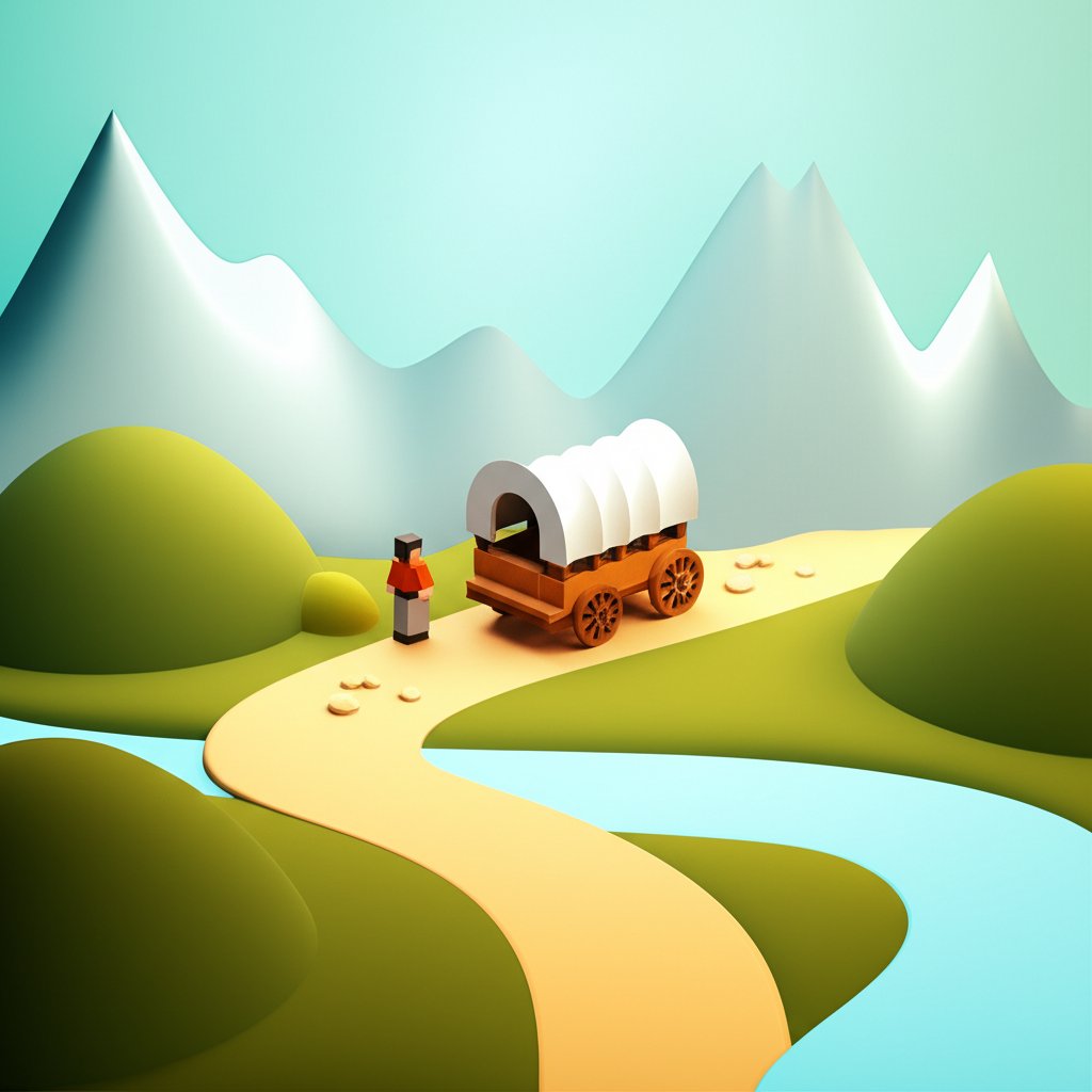 A group of diverse pioneers, determined, stand on rugged terrain, gazing towards the horizon.
