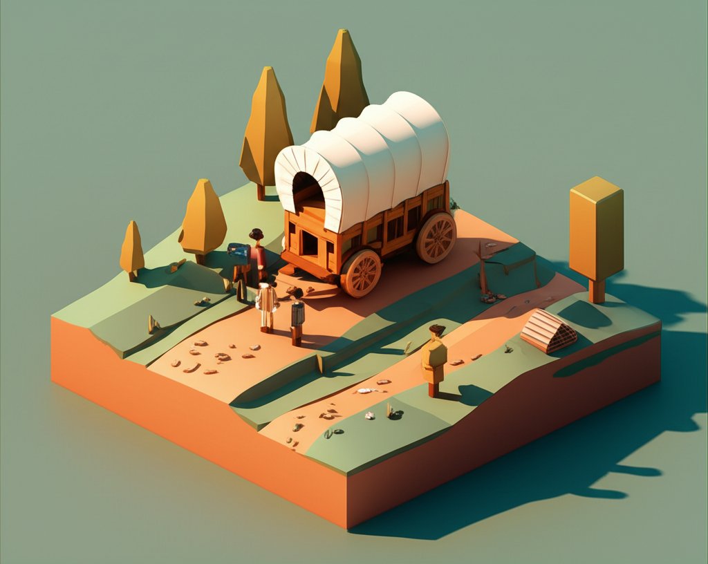 Silhouette of settlers walking into the sunset, symbolizing pioneers forging a new path.