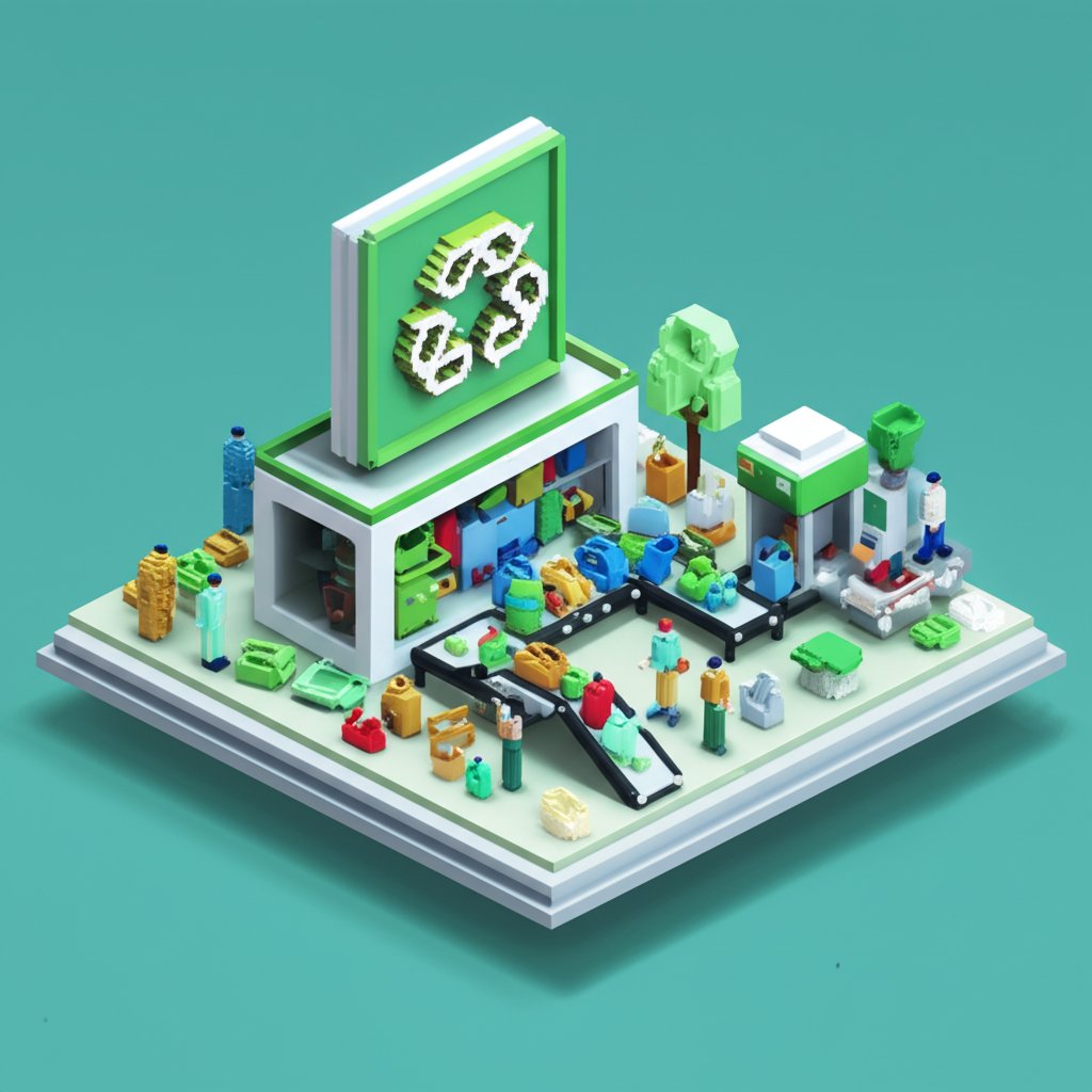 Colorful plastic items sorted and ready for recycling in a bright, organized facility.