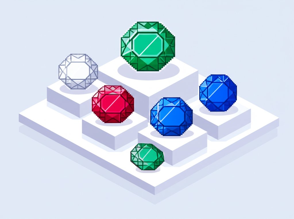 Close-up of sparkling, colorful precious stones including emeralds, rubies, and sapphires.
