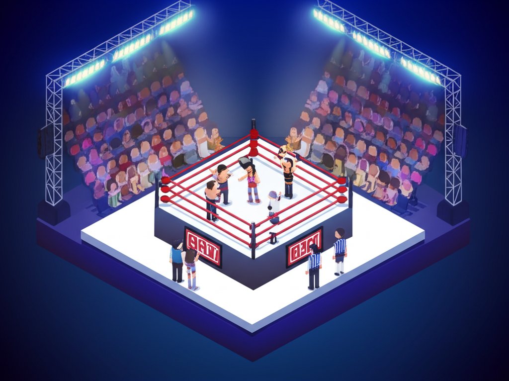 Two wrestlers grapple in a brightly lit ring, showcasing the athleticism of professional wrestling.