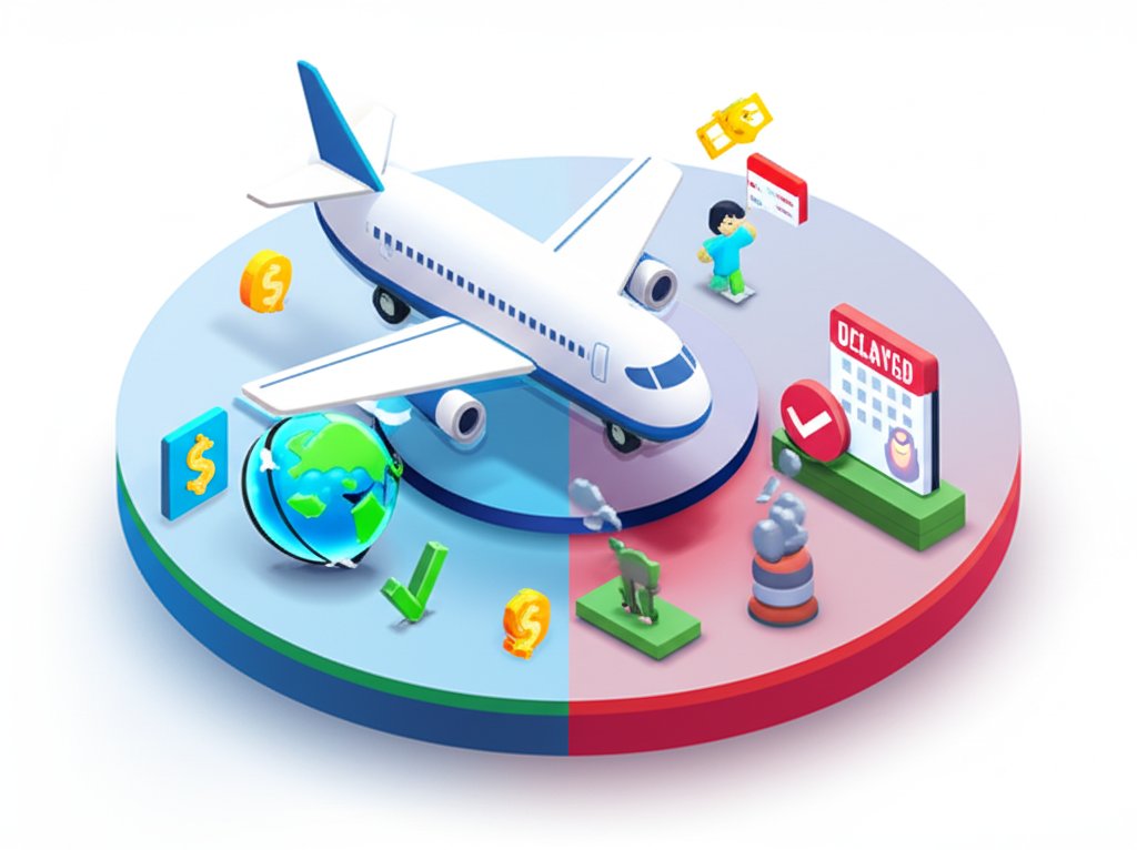 Airplane icon with green pros and red cons lists highlighting air transport's advantages and disadvantages.
