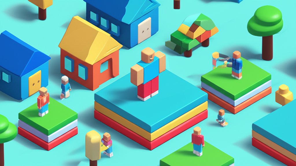 A Roblox avatar stands in a vibrant, pixelated game world with other players nearby.