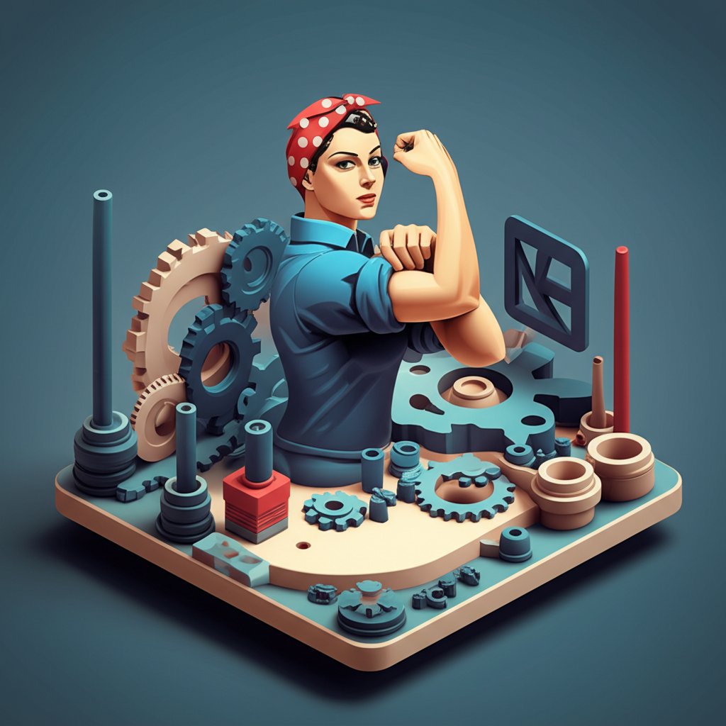 Woman in a Rosie the Riveter costume flexing her arm, symbolizing female empowerment and hard work.