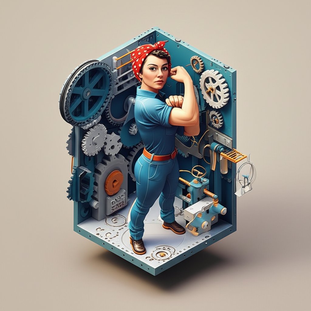 A woman in a blue Rosie the Riveter dress with a red bandana, flexing her arm.