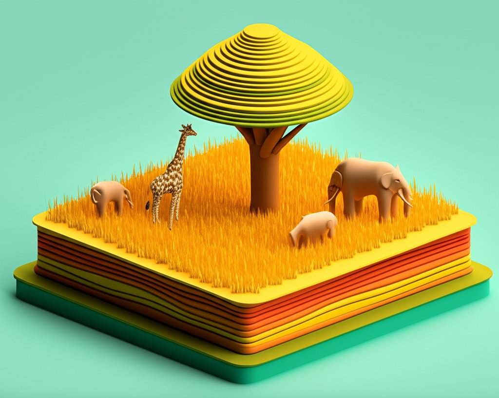 A vast savanna landscape with golden grasses and scattered acacia trees under a bright sky.